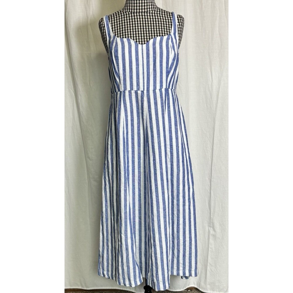 Old Navy Blue White Stripe Smocked Linen Midi Dress NEW Size M Fit Flare Summer